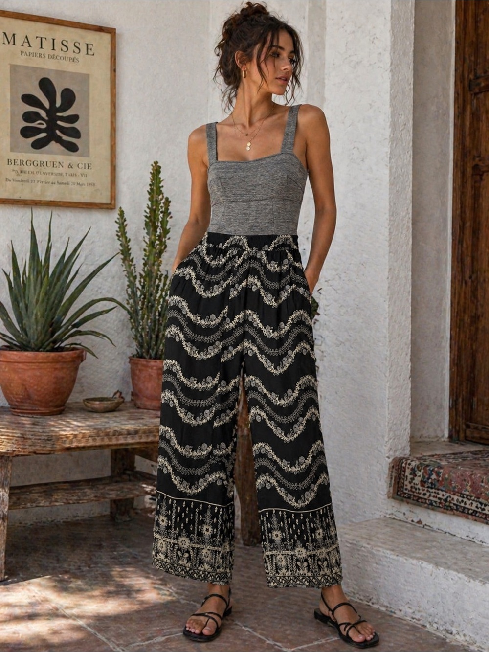 Anthropologie Lilka Maple Lane Wide Leg Jumpsuit Gray Knit Top Printed Pants M